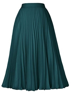 Women High Elastic Waist Plisse Pleated Chiffon Skirt Midi Swing A-line Skirts