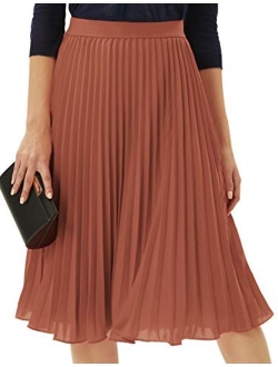 Women High Elastic Waist Plisse Pleated Chiffon Skirt Midi Swing A-line Skirts