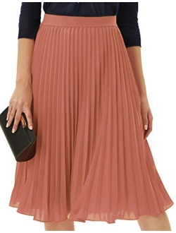 Women High Elastic Waist Plisse Pleated Chiffon Skirt Midi Swing A-line Skirts