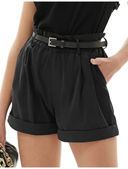 Women Casual Fold-up Leg Ruffle High Waist Belt Shorts with Pockets