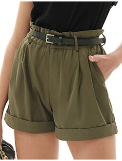 Women Casual Fold-up Leg Ruffle High Waist Belt Shorts with Pockets