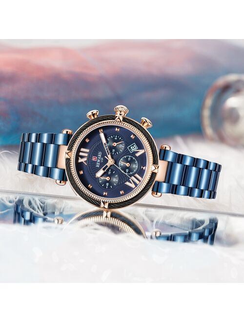 REWARD Women Watch Fashion Luxury Blue Watch for Women Casual Waterproof Quartz Ladies Stainless Steel Watch relogio feminino