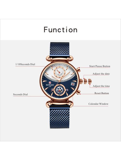 REWARD Women Watches Luxury Brand Ultra-thin Calendar Week Quartz Watch Ladies Clocks Mesh Stainless Steel Waterproof Wristwatch