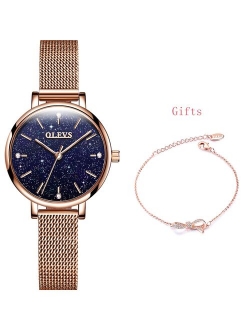 Womens Watches Wristwatch Rose Gold Starry Sky Quartz Band Ultra Thin Fashion Casual Mesh Waterproof Gifts for Ladies6894