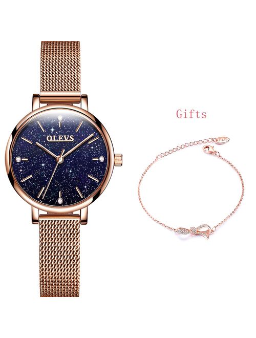 OLEVS Womens Watches Wristwatch Rose Gold Starry Sky Quartz Band Ultra Thin Fashion Casual Mesh Waterproof Gifts for Ladies6894