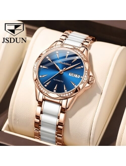 JSDUN Women's Automatic Watch Fashion Luxury Brand Women Mechanical Watch Rose Gold Stainless Steel Ceramics Strap Dress Watches