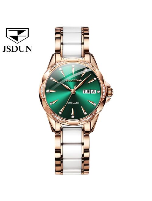 JSDUN Women's Automatic Watch Fashion Luxury Brand Women Mechanical Watch Rose Gold Stainless Steel Ceramics Strap Dress Watches