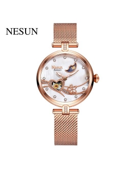 NESUN Rose Gold Watches for Women Leather Automatic Mechanical Watches Waterproof Luxury Lady Watches Gifts for Women