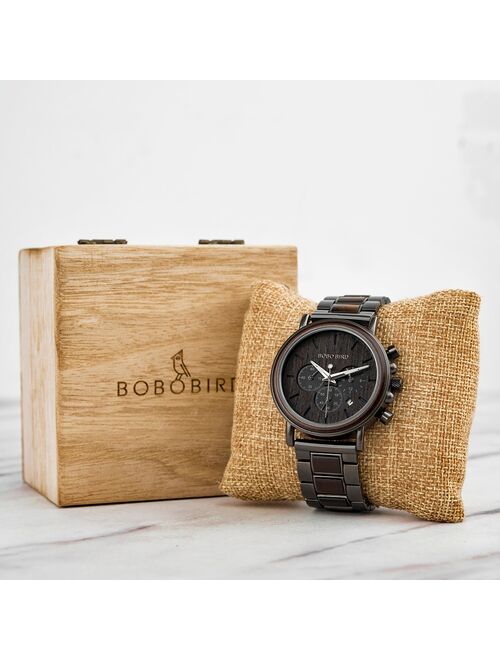 BOBO BIRD Chronograph Men Watch Wooden Brand Luxury Metal Clock montre design homme