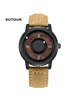 EUTOUR Magnetic ball Wooden dial watches Luxury Brand Mens fashion Casual Quartz Watch Simple Men Round leather strap Wristw