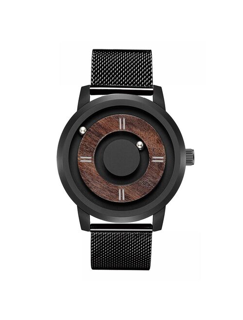 EUTOUR Magnetic ball Wooden dial watches Luxury Brand Mens fashion Casual Quartz Watch Simple Men Round leather strap Wristw