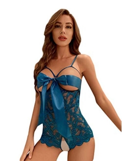 Women's Self Knot Front Teddy Lingerie One Piece Floral Lace Bodysuit Babydoll