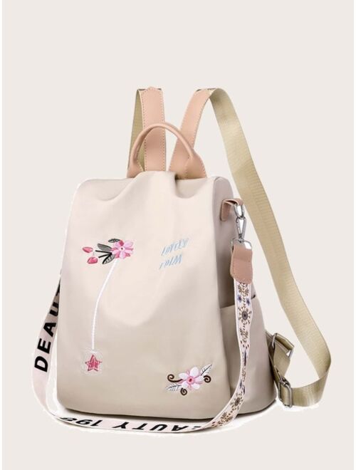 Shein Letter & Floral Embroidery Large Capacity Backpack