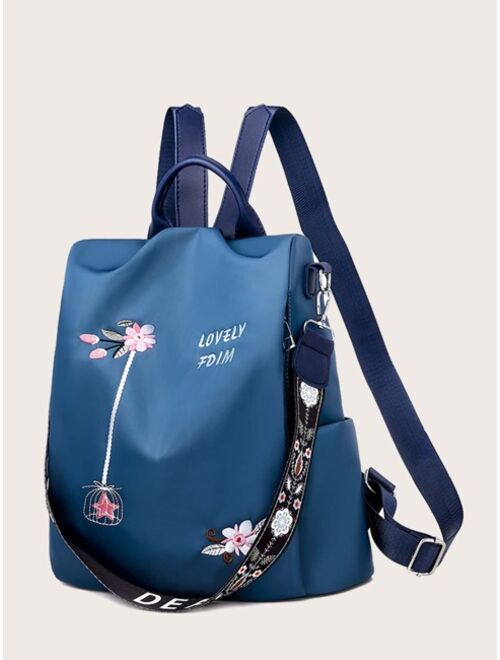 Shein Letter & Floral Embroidery Large Capacity Backpack