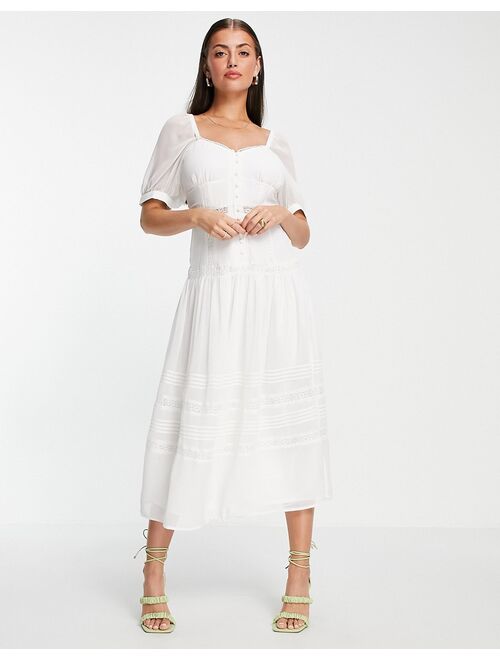 Asos Design soft sweetheart neck button through midi dress with lace inserts in white