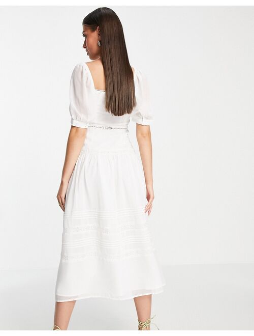 Asos Design soft sweetheart neck button through midi dress with lace inserts in white