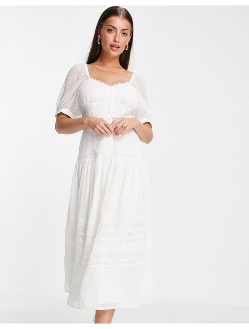 Asos Design soft sweetheart neck button through midi dress with lace inserts in white