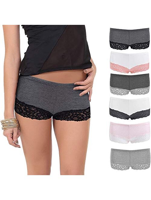 Cotton Underwear Women, 6 Seamless Womens Boy Shorts Lace Panties Slip Shorts