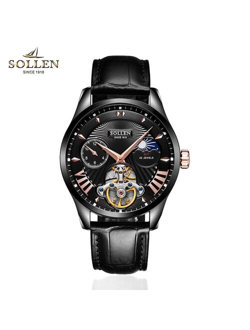 Original SOLLEN Men's Automatic Mechanical Watch Fashion Belt Waterproof Mechanical Watch