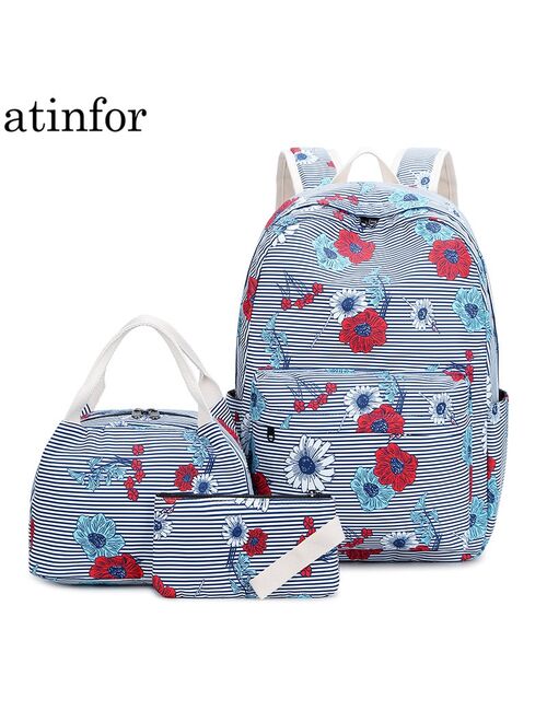 atinfor Brand Women Waterproof Flower Prtining Backpack Set Nylon Striped Student School Bags for Girls Laptop Backpack