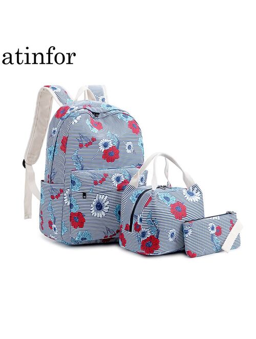 atinfor Brand Women Waterproof Flower Prtining Backpack Set Nylon Striped Student School Bags for Girls Laptop Backpack