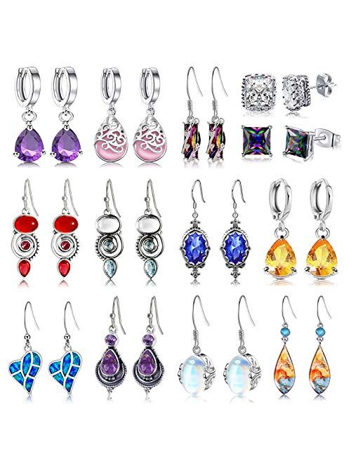 FIFATA 15-16 Pairs Teardrop Crystal Dangle Earrings for Women Girls Boho Rainbow Quartz Ear Stud Cubic Zirconia Hoop Earring Jewelry Set for Wedding Party Christmas Gifts