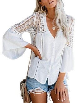 Canikat Women's V Neck Lace Crochet Flowy Bell Sleeve Button Down Casual T Shirts Blouses Tops