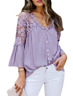 Canikat Women's V Neck Lace Crochet Flowy Bell Sleeve Button Down Casual T Shirts Blouses Tops