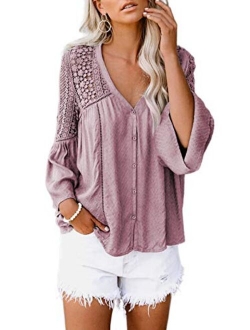 Canikat Women's V Neck Lace Crochet Flowy Bell Sleeve Button Down Casual T Shirts Blouses Tops