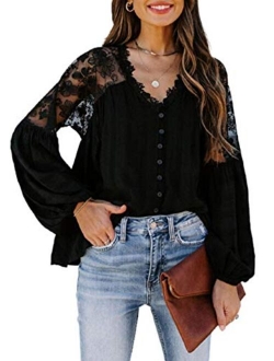 Canikat Women's V Neck Lace Crochet Flowy Bell Sleeve Button Down Casual T Shirts Blouses Tops