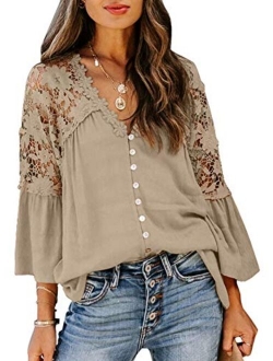 Canikat Women's V Neck Lace Crochet Flowy Bell Sleeve Button Down Casual T Shirts Blouses Tops