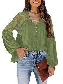 Canikat Women's V Neck Lace Crochet Flowy Bell Sleeve Button Down Casual T Shirts Blouses Tops