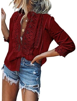 Canikat Women's V Neck Lace Crochet Flowy Bell Sleeve Button Down Casual T Shirts Blouses Tops