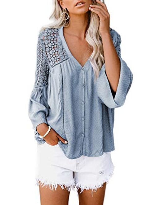 Canikat Women's V Neck Lace Crochet Flowy Bell Sleeve Button Down Casual T Shirts Blouses Tops