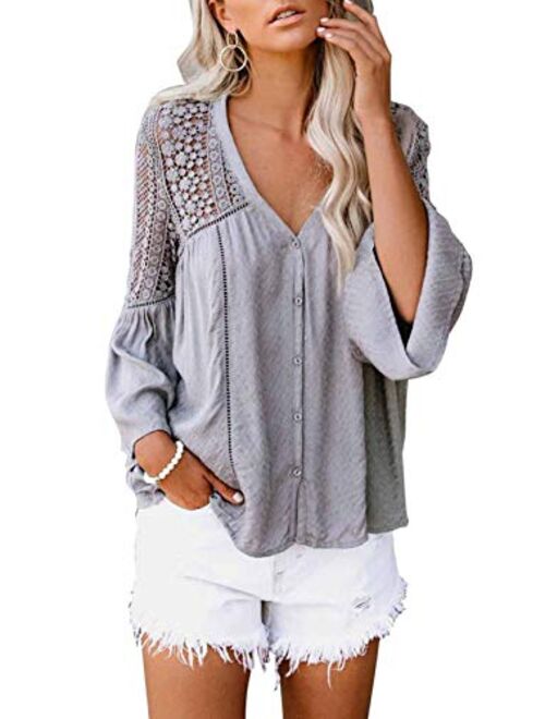 Canikat Women's V Neck Lace Crochet Flowy Bell Sleeve Button Down Casual T Shirts Blouses Tops