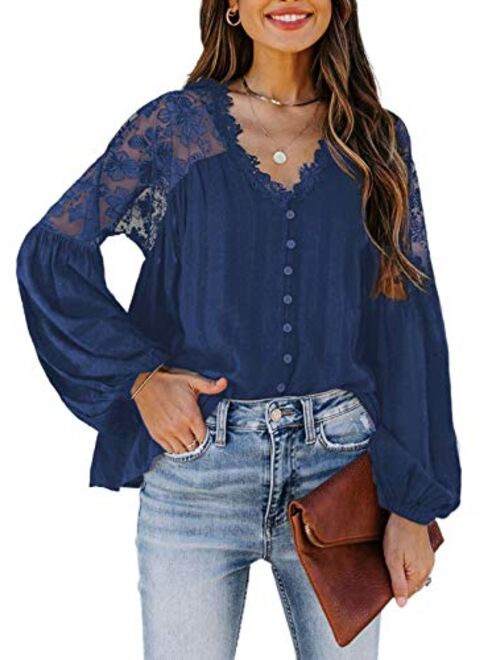 Canikat Women's V Neck Lace Crochet Flowy Bell Sleeve Button Down Casual T Shirts Blouses Tops