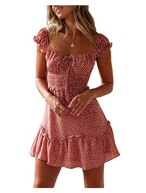 Valphsio Womens Smocked Dress Ruffle Floral Tie Front Boho Short Dresses