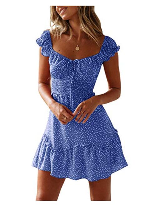 Valphsio Womens Smocked Dress Ruffle Floral Tie Front Boho Short Dresses