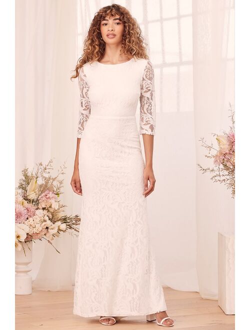 Lulus Adley White Lace Three-Quarter Backless Maxi Dress