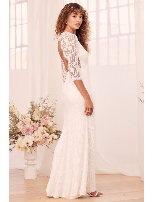 Lulus Adley White Lace Three-Quarter Backless Maxi Dress