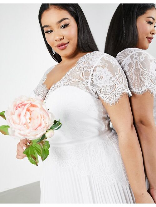 ASOS EDITION Curve Sophia plunge lace wedding dress with pleated skirt