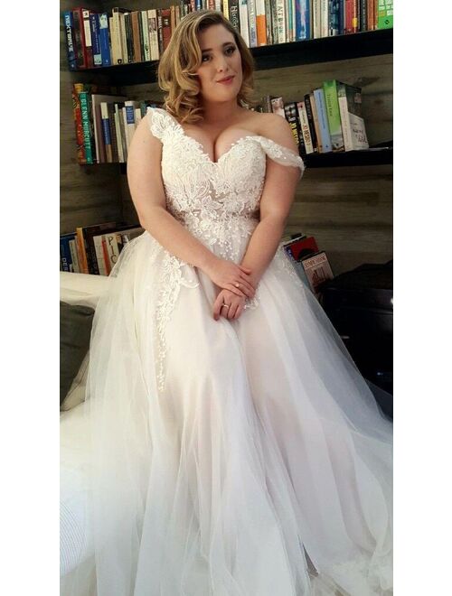 Floral Print V-neck Neckline Plus Size Wedding Dress with Tulle Lace Applique Pearls Beads A-line Sweep Train Bridal Dress