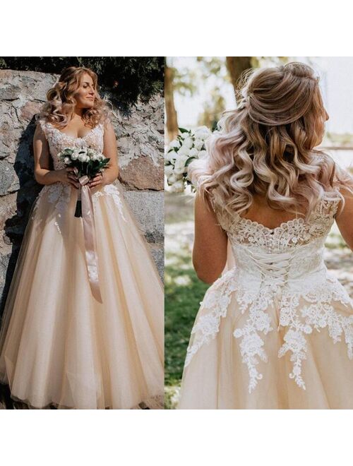 V-neck Lace Applique Cap Sleeve Long Elegant A-line Wedding Dress with Lace-up Pearls Champagne Bridal Dress vestido de novia