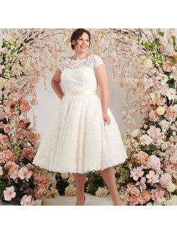 Plus Size Wedding Dresses 2021 Short Sleeves Champagne Elegant Tea-Length Bridal Gown Lace Bride Dress Big Woman Custom Size