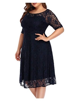 Pinup fashion Women's Plus Size Lace Round Neckline Half Sleeve Cocktail Wedding Midi Dress