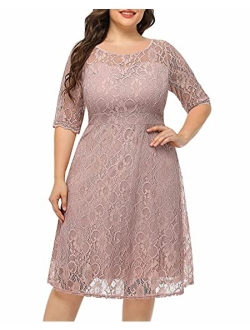 Pinup fashion Women's Plus Size Lace Round Neckline Half Sleeve Cocktail Wedding Midi Dress