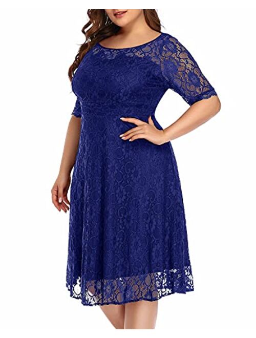 Pinup fashion Women's Plus Size Lace Round Neckline Half Sleeve Cocktail Wedding Midi Dress