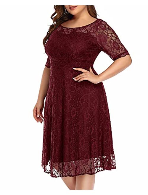 Pinup fashion Women's Plus Size Lace Round Neckline Half Sleeve Cocktail Wedding Midi Dress