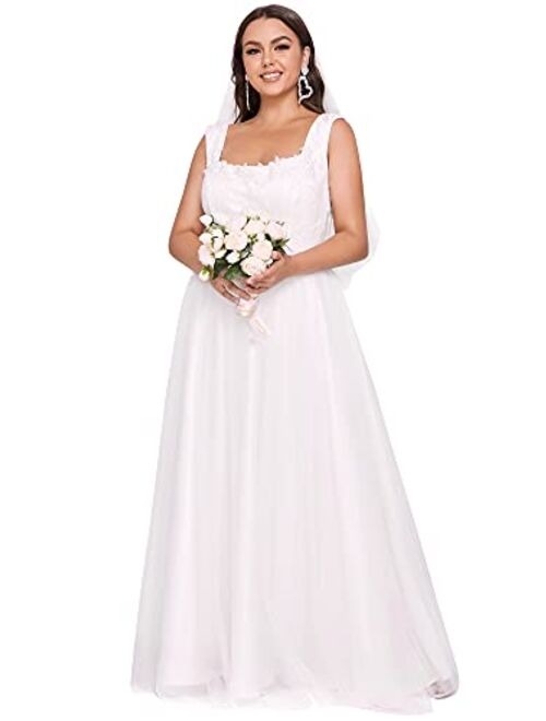 Ever-Pretty Women's Plus Size Lace A Line Square Neckline Tulle Sleeveless Lace Bridal Dress for Bride 2021 90341-PZ