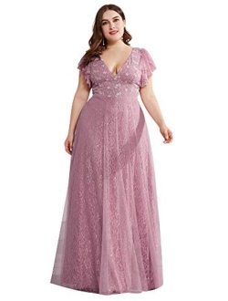 Women's Double V-Neck Floral Lace Plus Size Evening Dress 0857-PZ